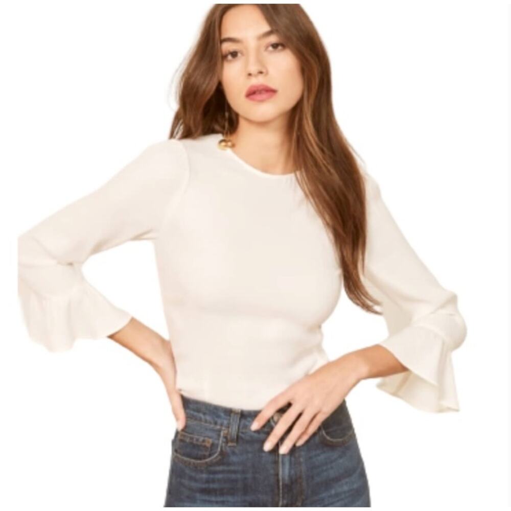 Reformation Virginia Top Women XS Ivory Ruffle Sleeve‎ Quiet Luxury Capsule NWT